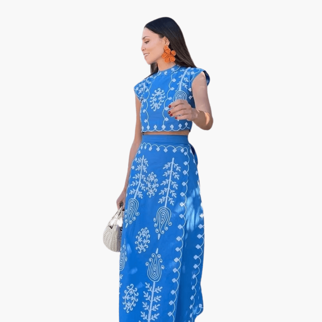 Hiltrud – Damen Zweiteiler-Kleid mit feiner Stickerei Blau
