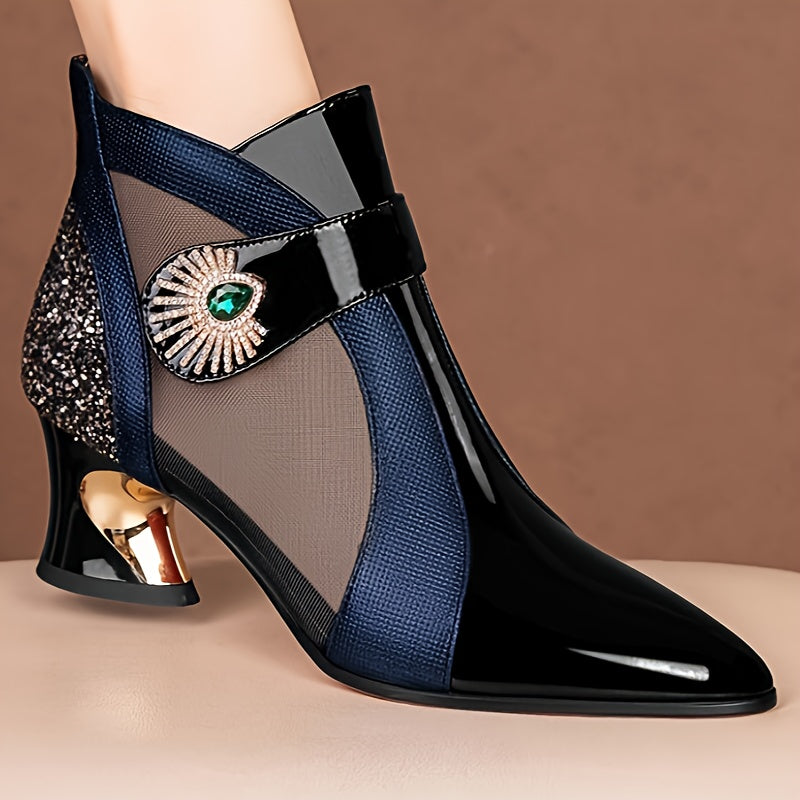 Iduna – Damenstiefel mit Spitze, Blockabsatz & Strass Blau