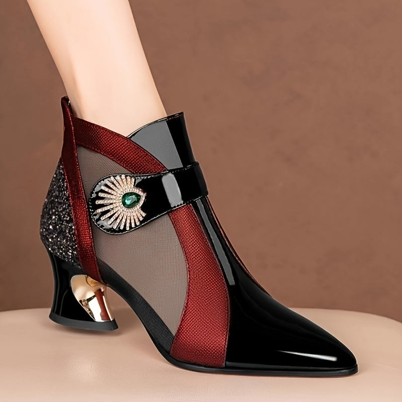 Iduna – Damenstiefel mit Spitze, Blockabsatz & Strass Rotwein