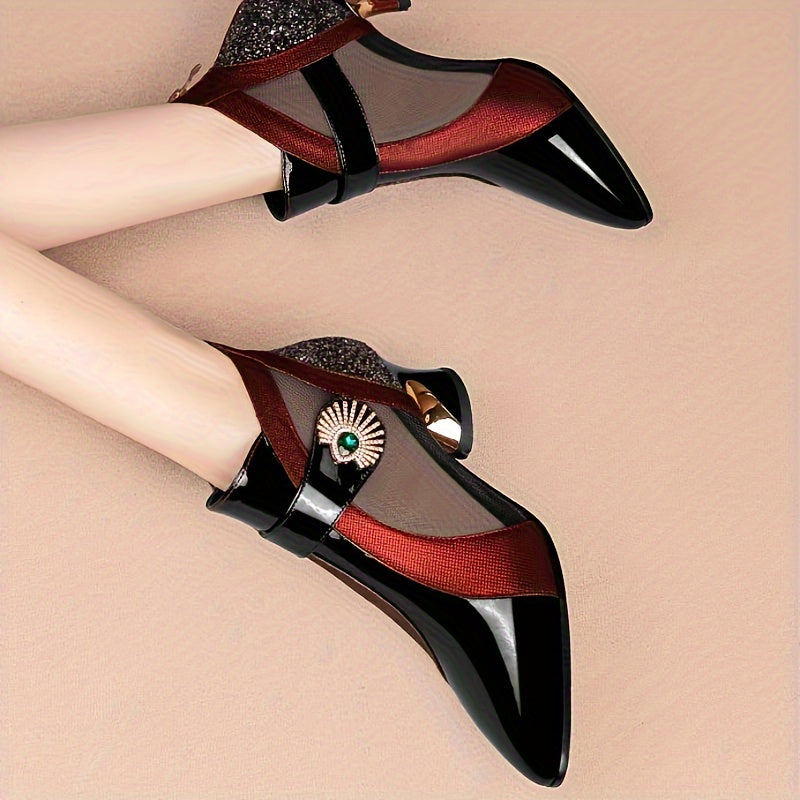 Iduna – Damenstiefel mit Spitze, Blockabsatz & Strass Rotwein