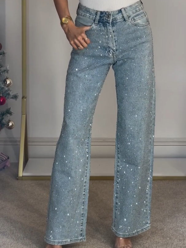 Ilona – Damenjeans Hohe Taille Dunkelblau Glitzer Details 1