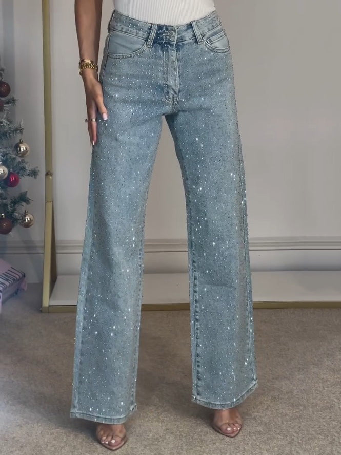 Ilona – Damenjeans Hohe Taille Dunkelblau Glitzer Details 2