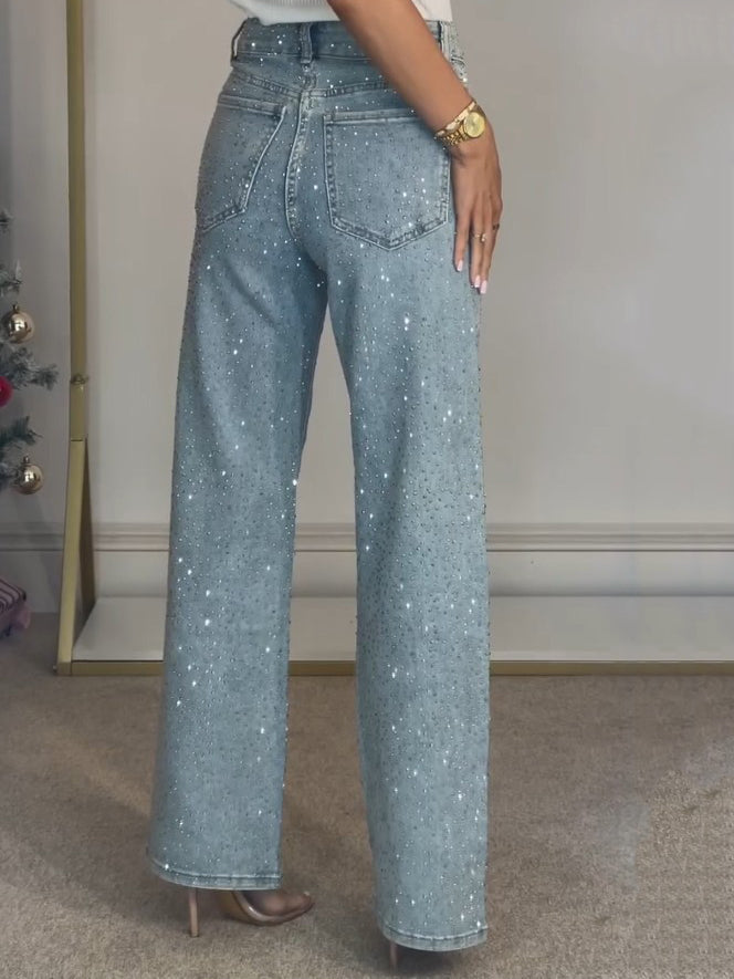 Ilona – Damenjeans Hohe Taille Dunkelblau Glitzer Details 3