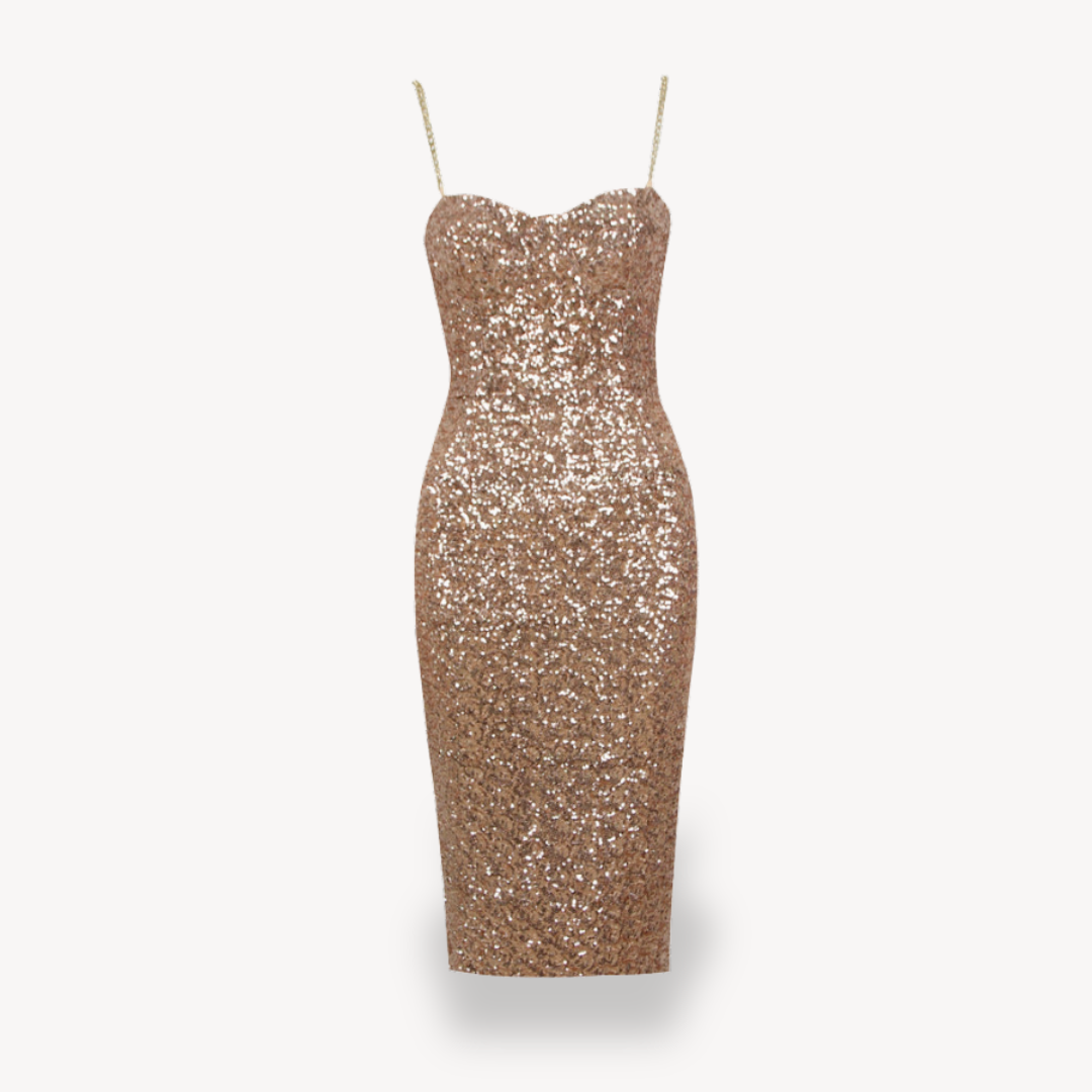 Indra – Glänzendes Damen Midikleid mit Pailletten Gold
