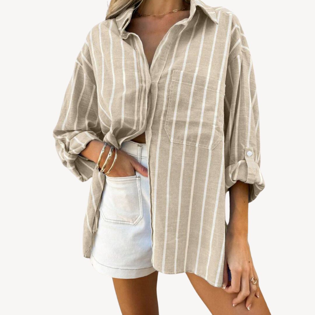 Ivett – Gestreiftes Damenhemd aus Leinenmix mit Knöpfen Beige