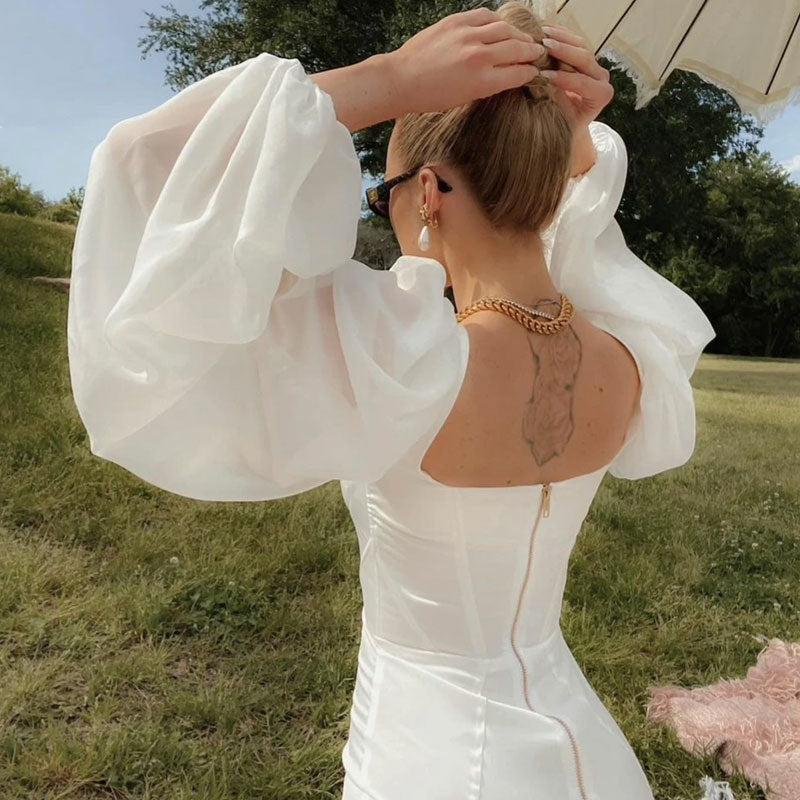 Jannike - Satin Bustier Mini Kleid mit Puffärmeln Weiß