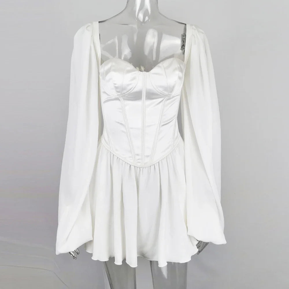 Jannike - Satin Bustier Mini Kleid mit Puffärmeln Weiß