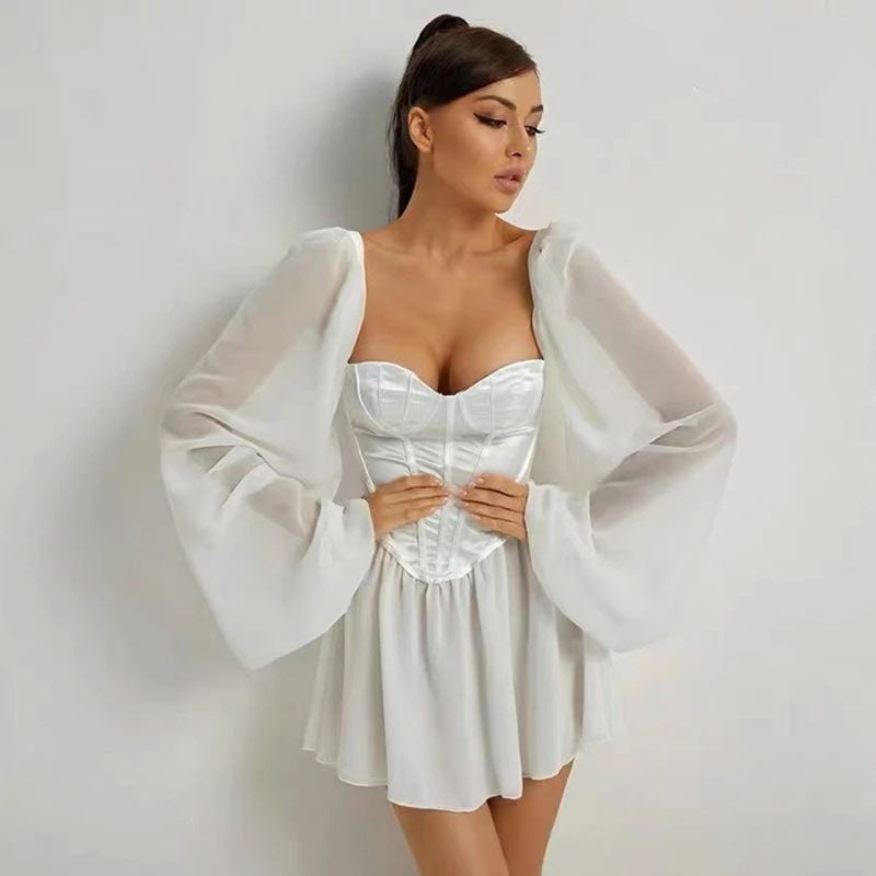 Jannike - Satin Bustier Mini Kleid mit Puffärmeln Weiß