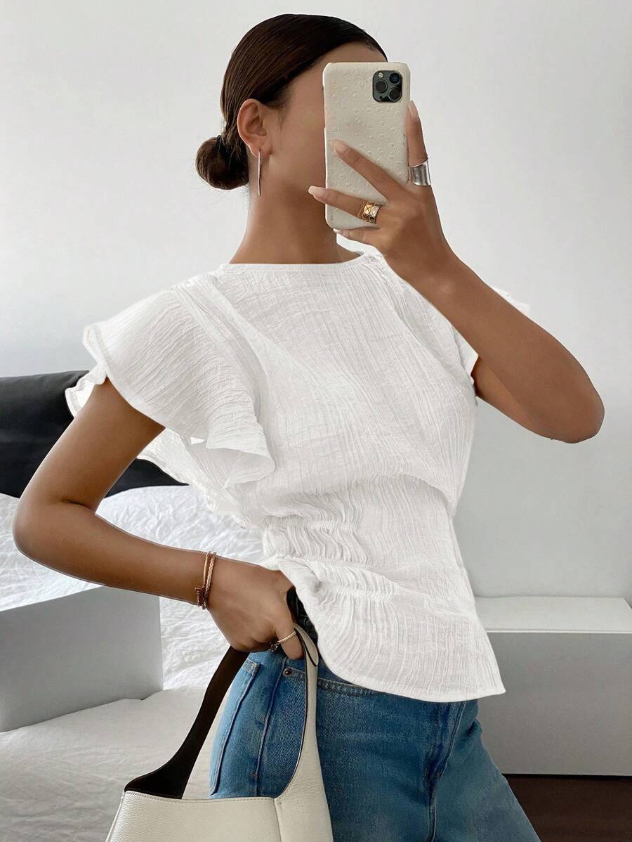 Jasmin – Damen Hemd Einfarbig Geraffte Taille Sommer Strukturiert 1