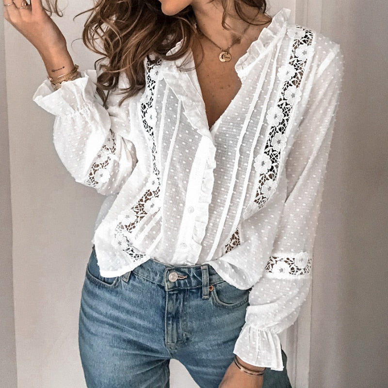 Jebily - Damen Frühlingsbluse mit Romantischen Rüschen Weiß