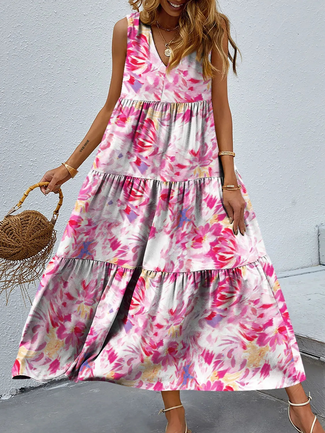 Jemima- Elegantes ärmelloses Maxikleid mit V-Ausschnitt und Blumenmuster Rosa