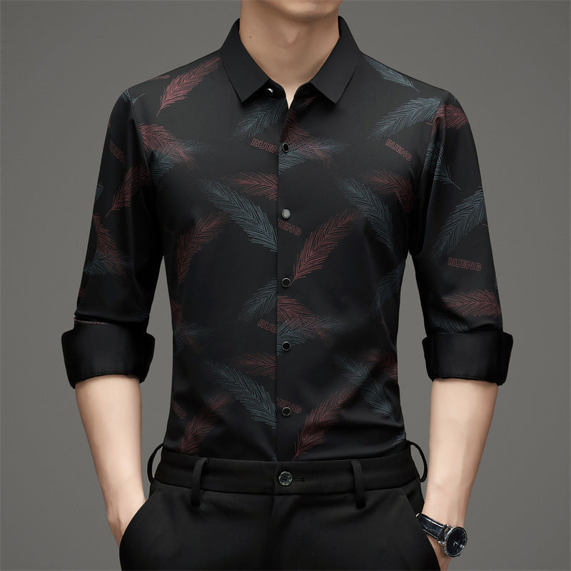 Jeremia – Herren Langarmshirt mit stilvollem Federprint Rote Federn