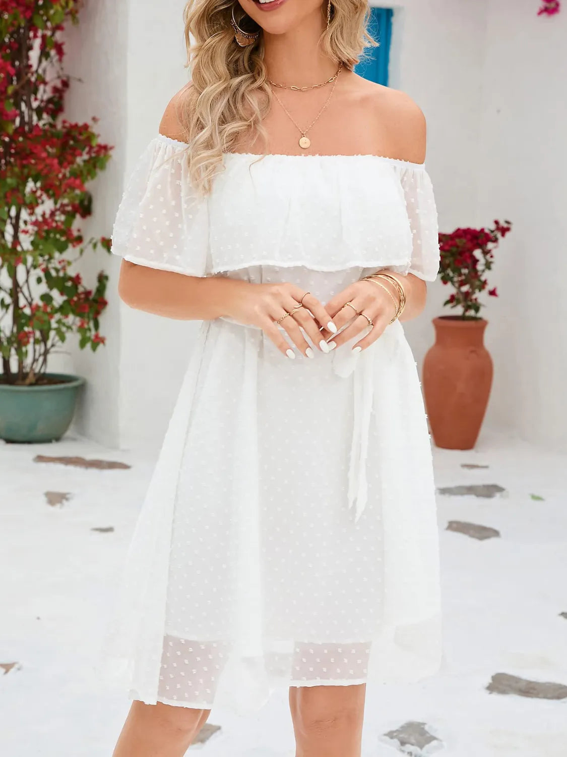 Jessica- Elegantes Minikleid mit kurzen Ärmeln schulterfreiem Schnitt Weiß