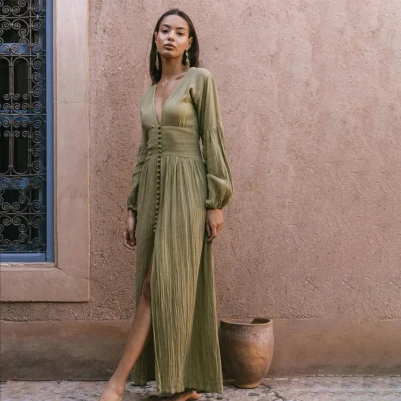 Jinia - Langes Sommer Damenkleid mit V-Ausschnitt Grün