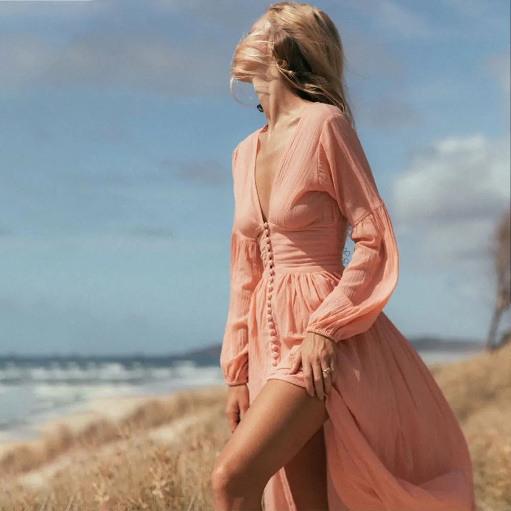 Jinia - Langes Sommer Damenkleid mit V-Ausschnitt Rosa