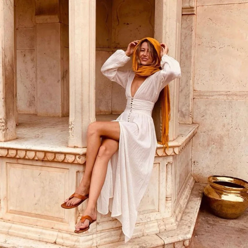 Jinia - Langes Sommer Damenkleid mit V-Ausschnitt Weiß