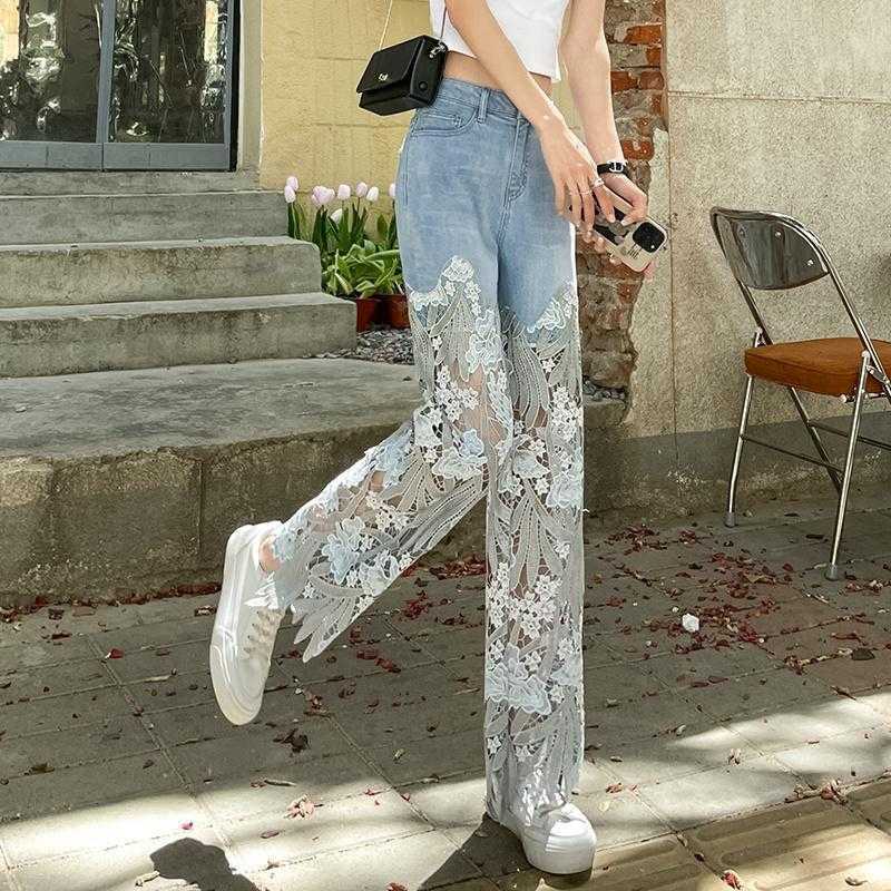 Julia – Vintage Damen-Slim-Jeans mit Spitzenbesatz Blau