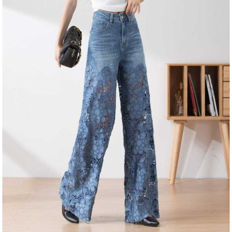 Julia – Vintage Damen-Slim-Jeans mit Spitzenbesatz Dunkelblau
