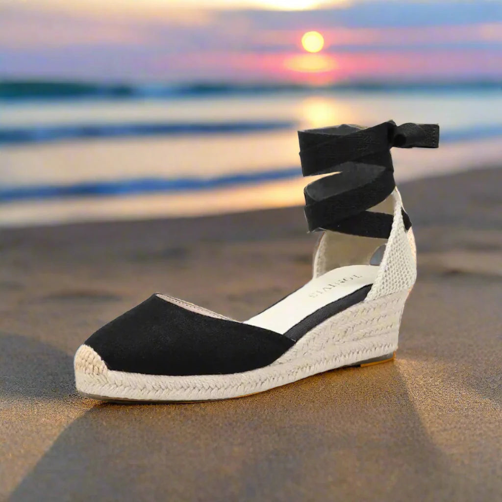 Käthi - Bequeme Damen Espadrilles Plateau Keilsandalen Schwarz