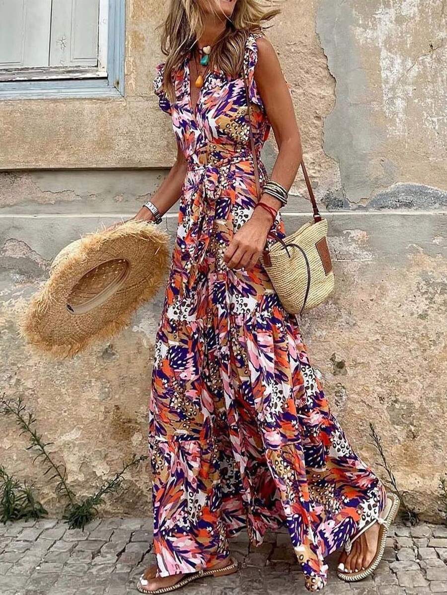 Karina – Damen Sommer Kleid V-Ausschnitt Kurzarm Mit Print 1
