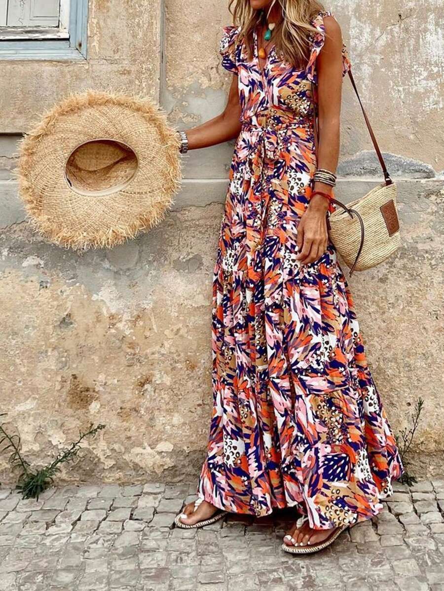 Karina – Damen Sommer Kleid V-Ausschnitt Kurzarm Mit Print 2