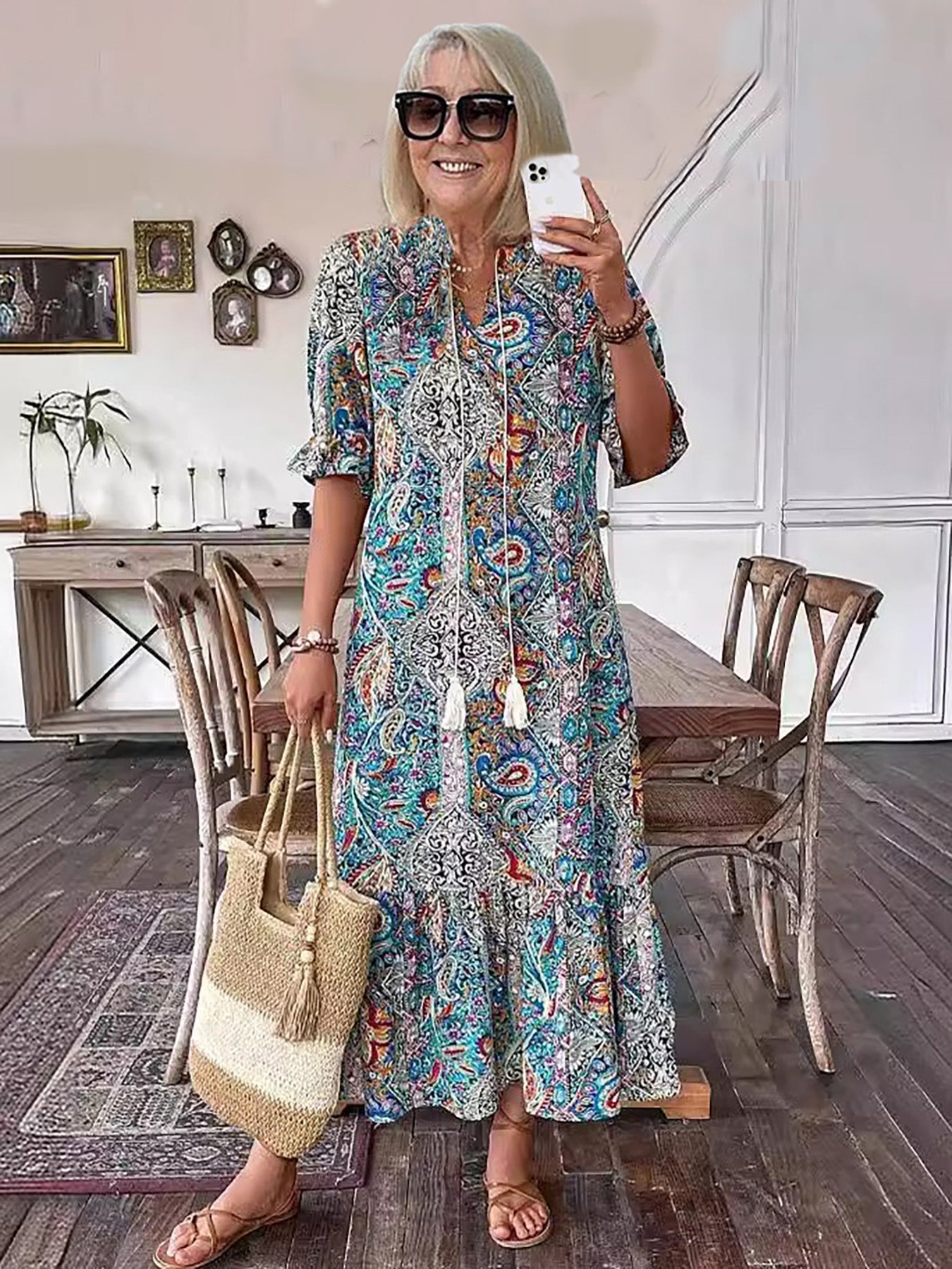 Katja- Bedrucktes Boho Midikleid Blau