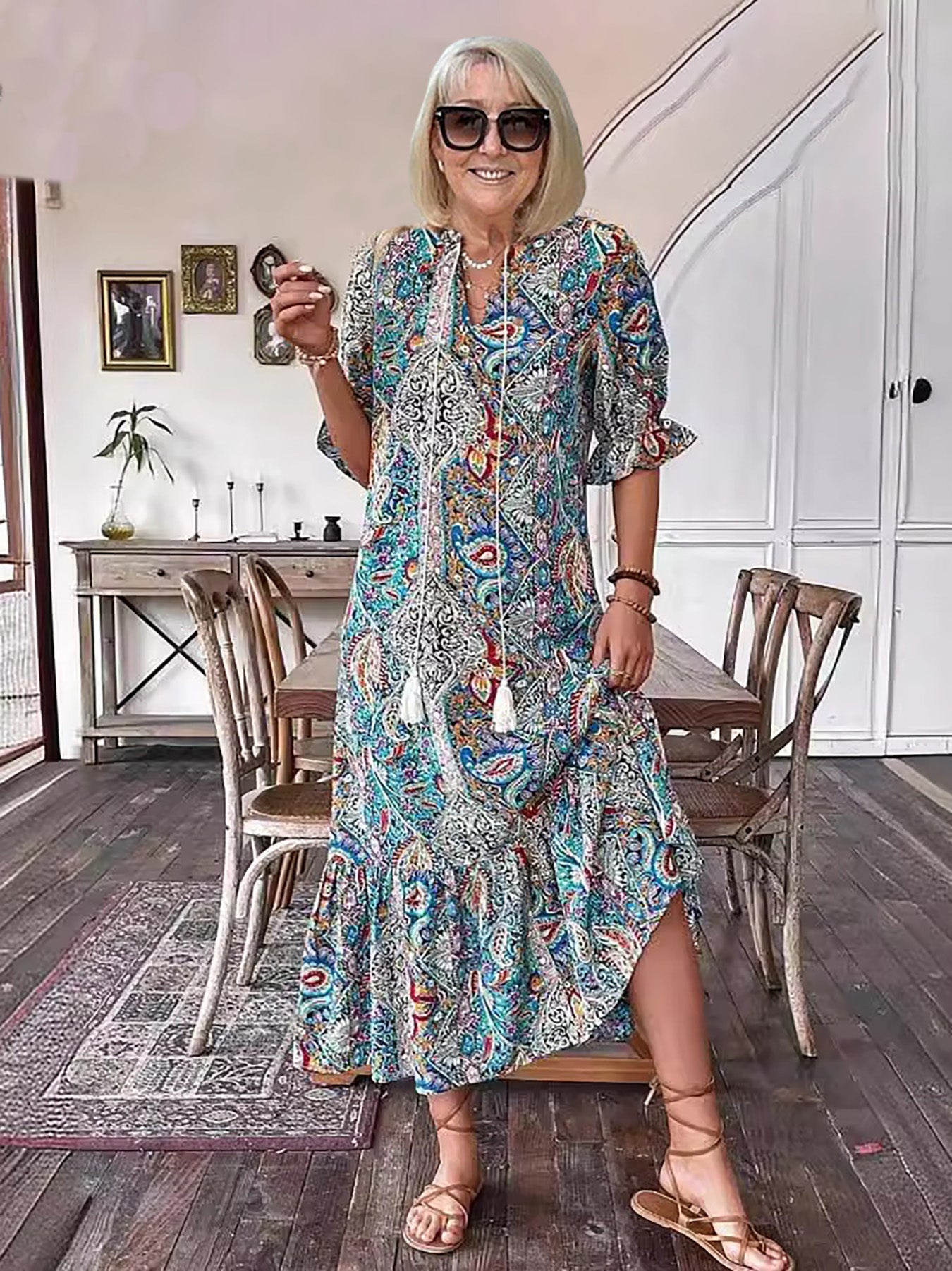 Katja- Bedrucktes Boho Midikleid Blau 1