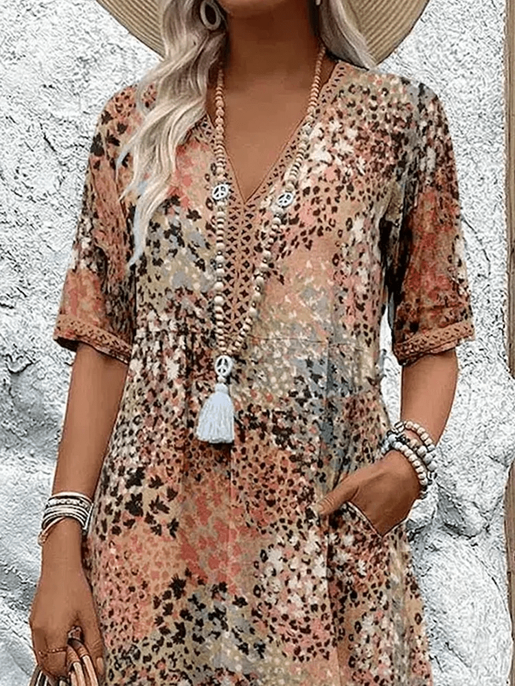 Katrine- Bedrucktes Boho Midikleid Beige 1