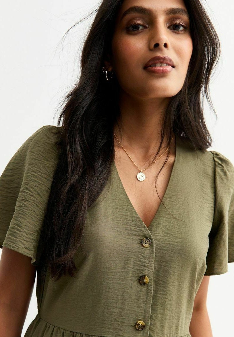 Ksenia – Blusenkleid Damen Khaki Midi Knopfleiste Sommer