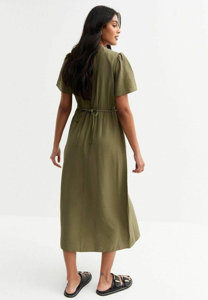 Ksenia – Blusenkleid Damen Khaki Midi Knopfleiste Sommer