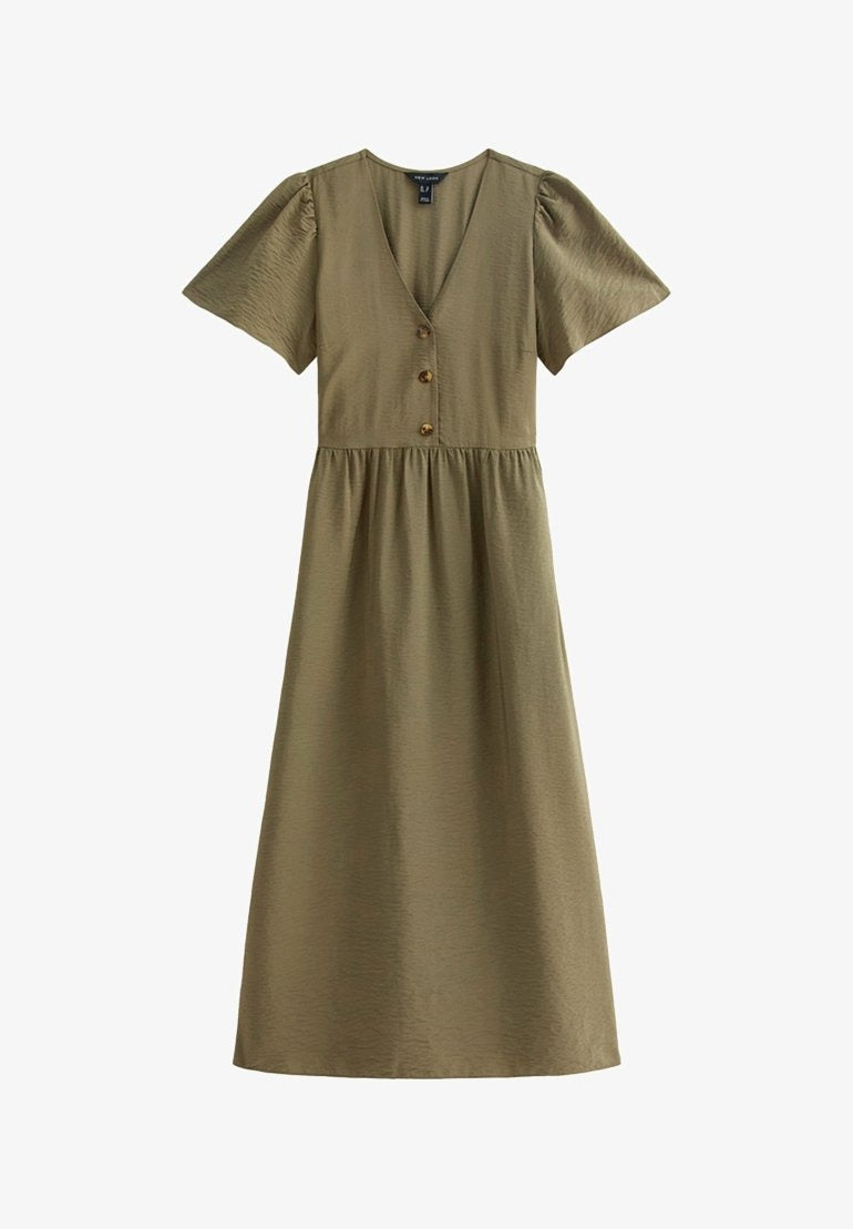 Ksenia – Blusenkleid Damen Khaki Midi Knopfleiste Sommer