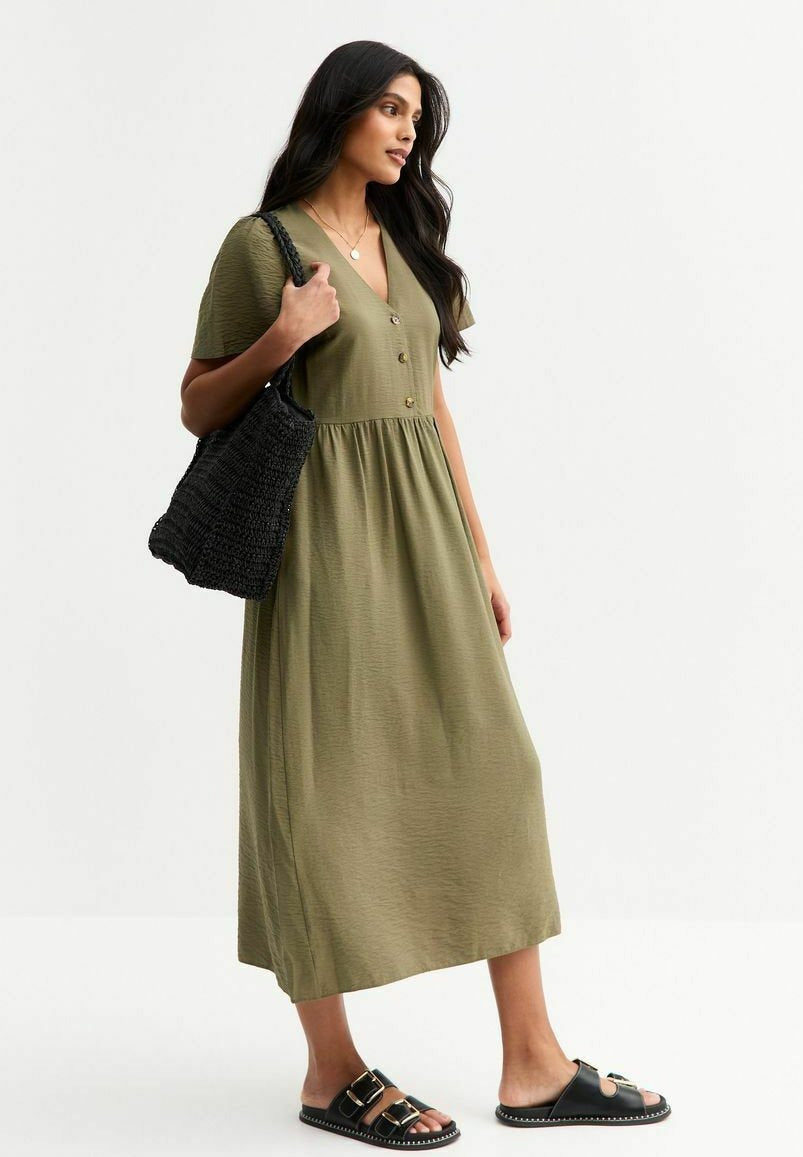 Ksenia – Blusenkleid Damen Khaki Midi Knopfleiste Sommer