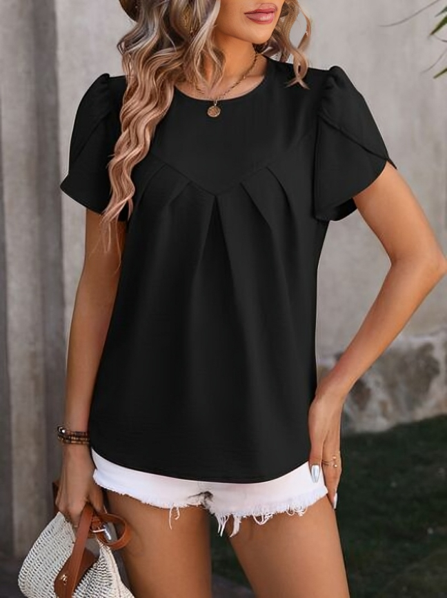 Laura - Elegante Bluse mit Blütenärmeln & Raffung - Schwarz