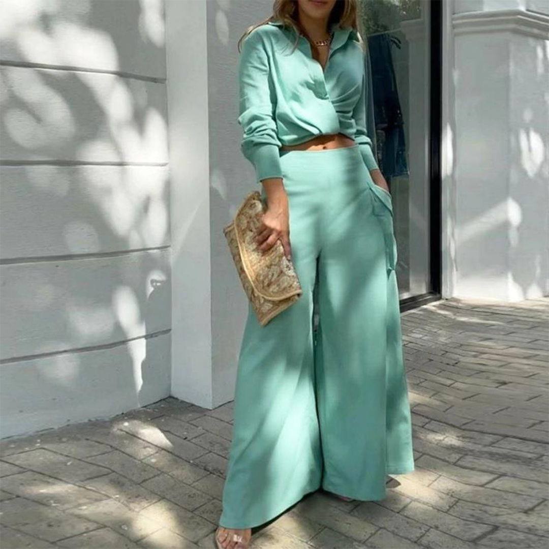 Lila - Elegantes Langarm Crop Top & Hose - Grün