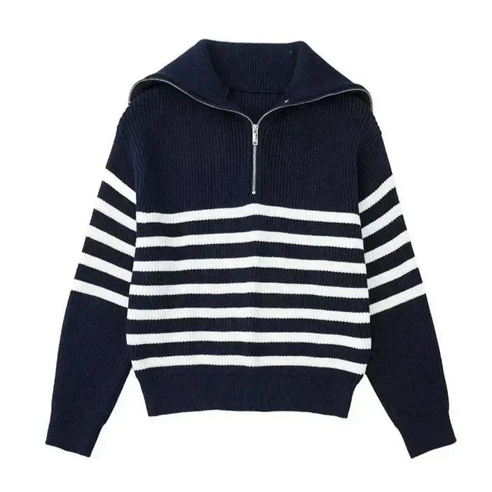Lothar – Gestreifter Herrenpullover mit Reißverschluss Marineblau gestreift