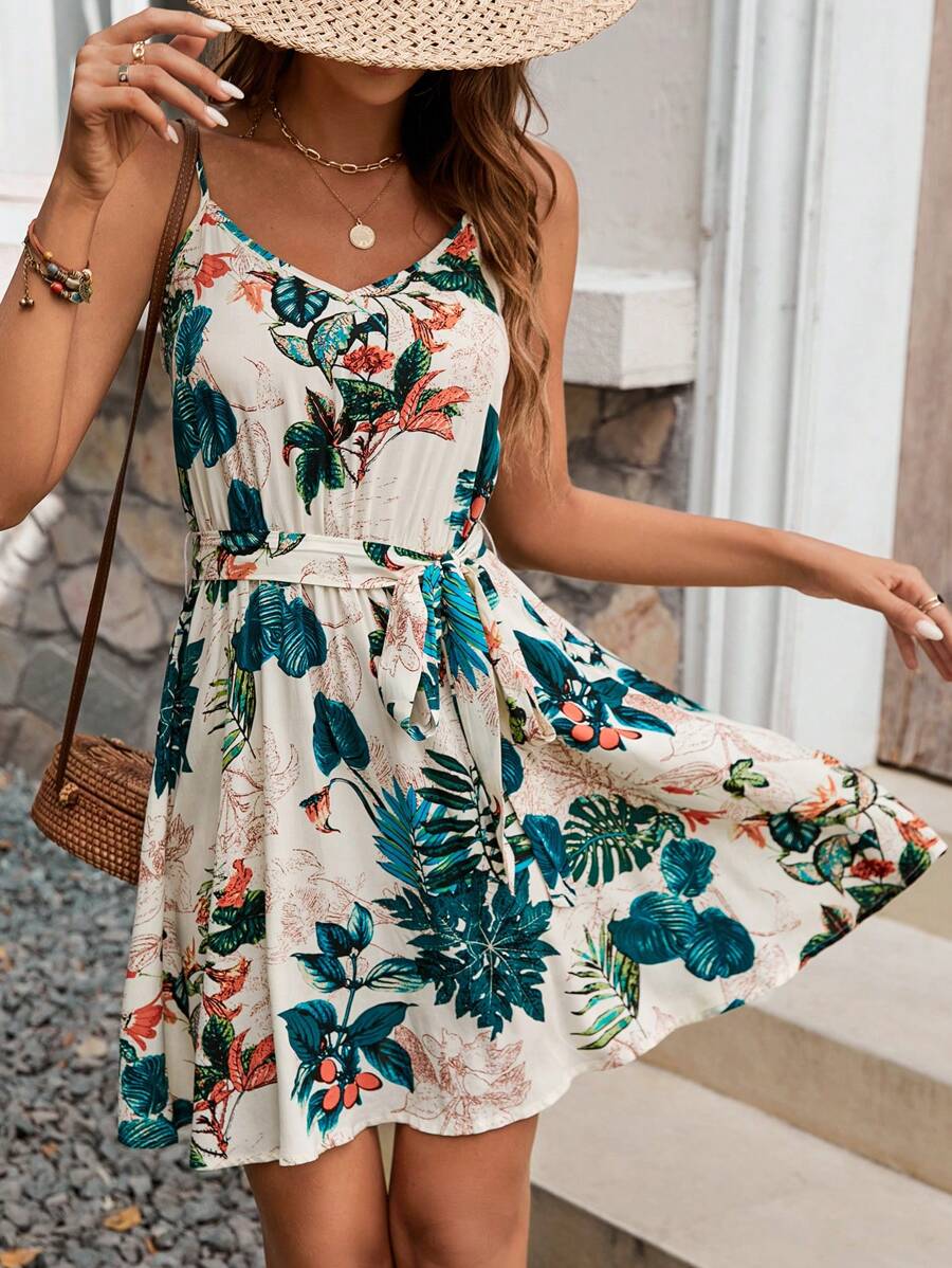 Manuela – Boho Cami Kleid Damen Mit Tropenprint Und Gürtel 2