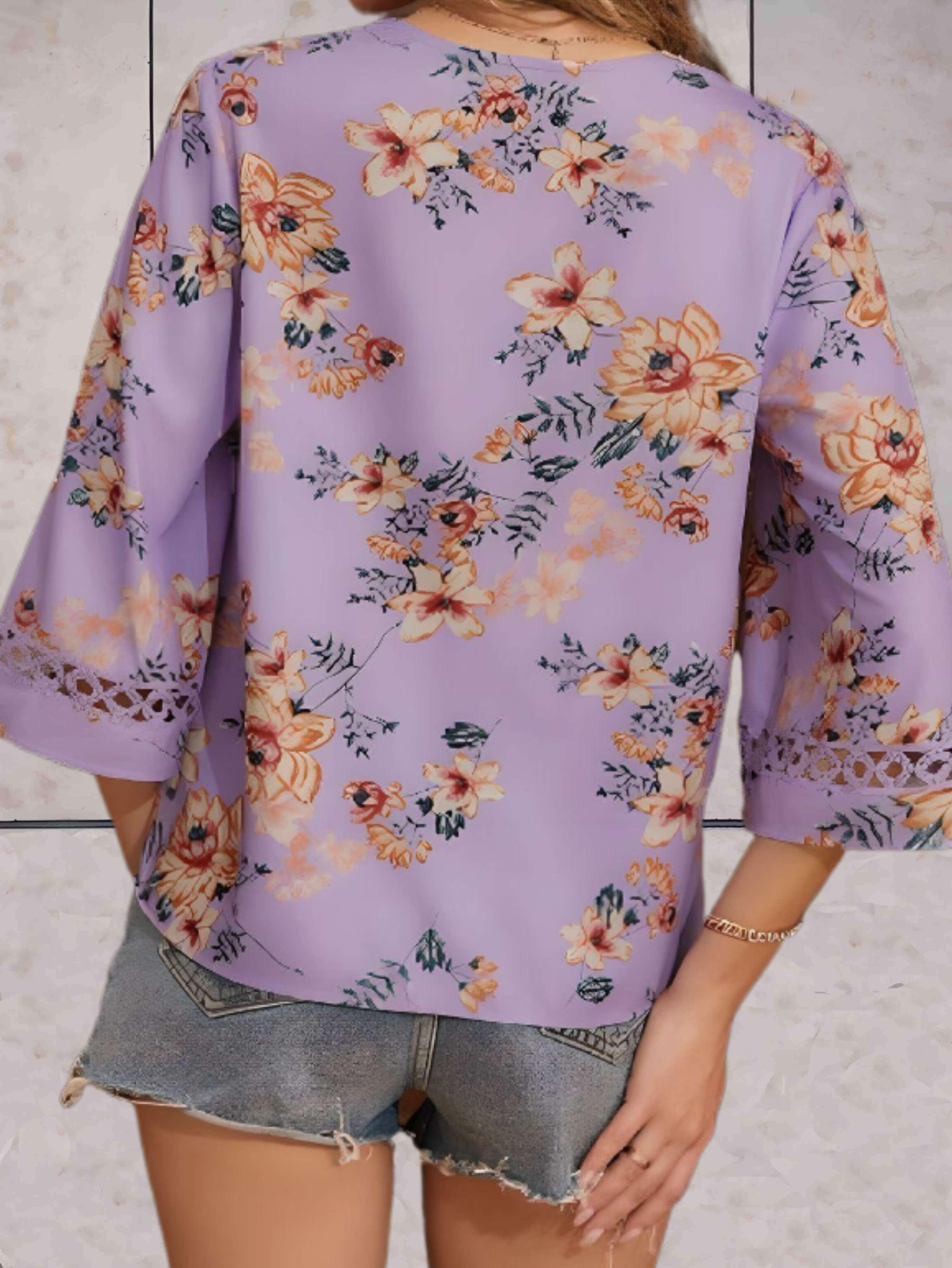 Melina – Bluse Damen V-Ausschnitt Blumen Halblang Ärmel 11
