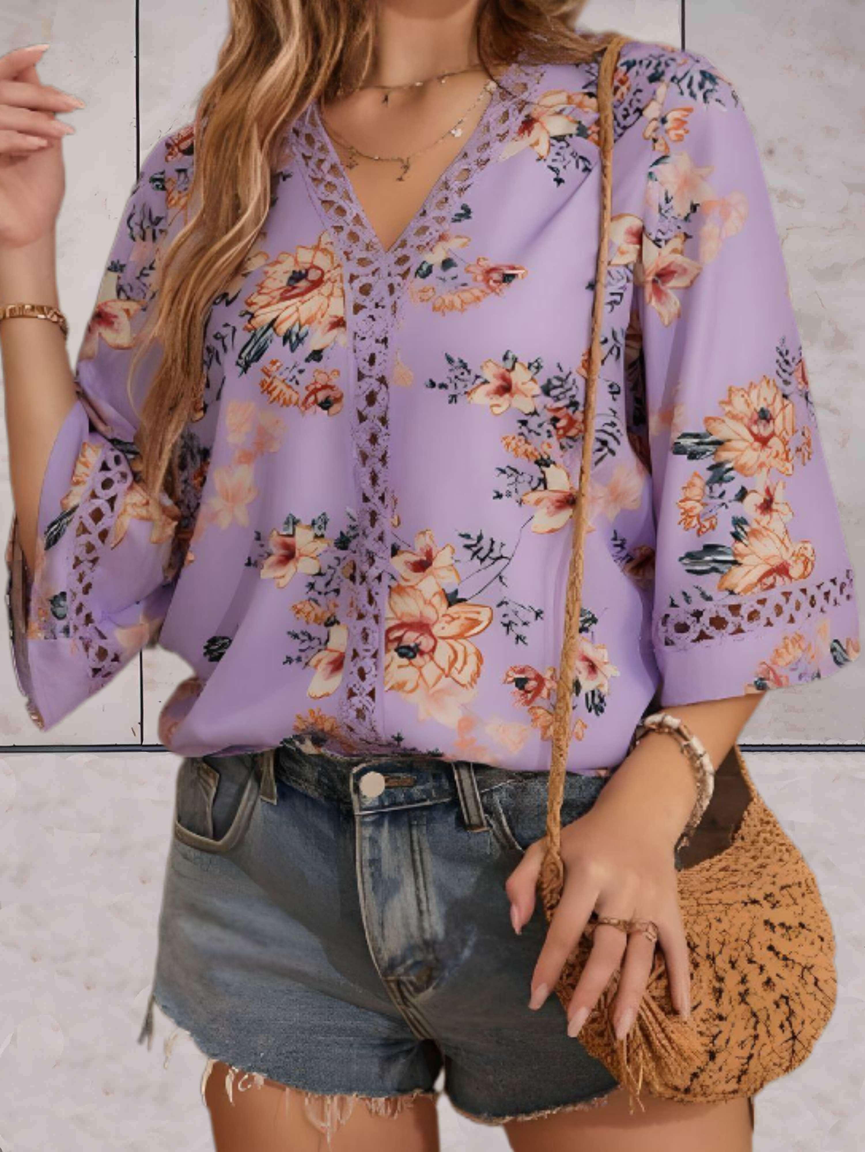 Melina – Bluse Damen V-Ausschnitt Blumen Halblang Ärmel 12