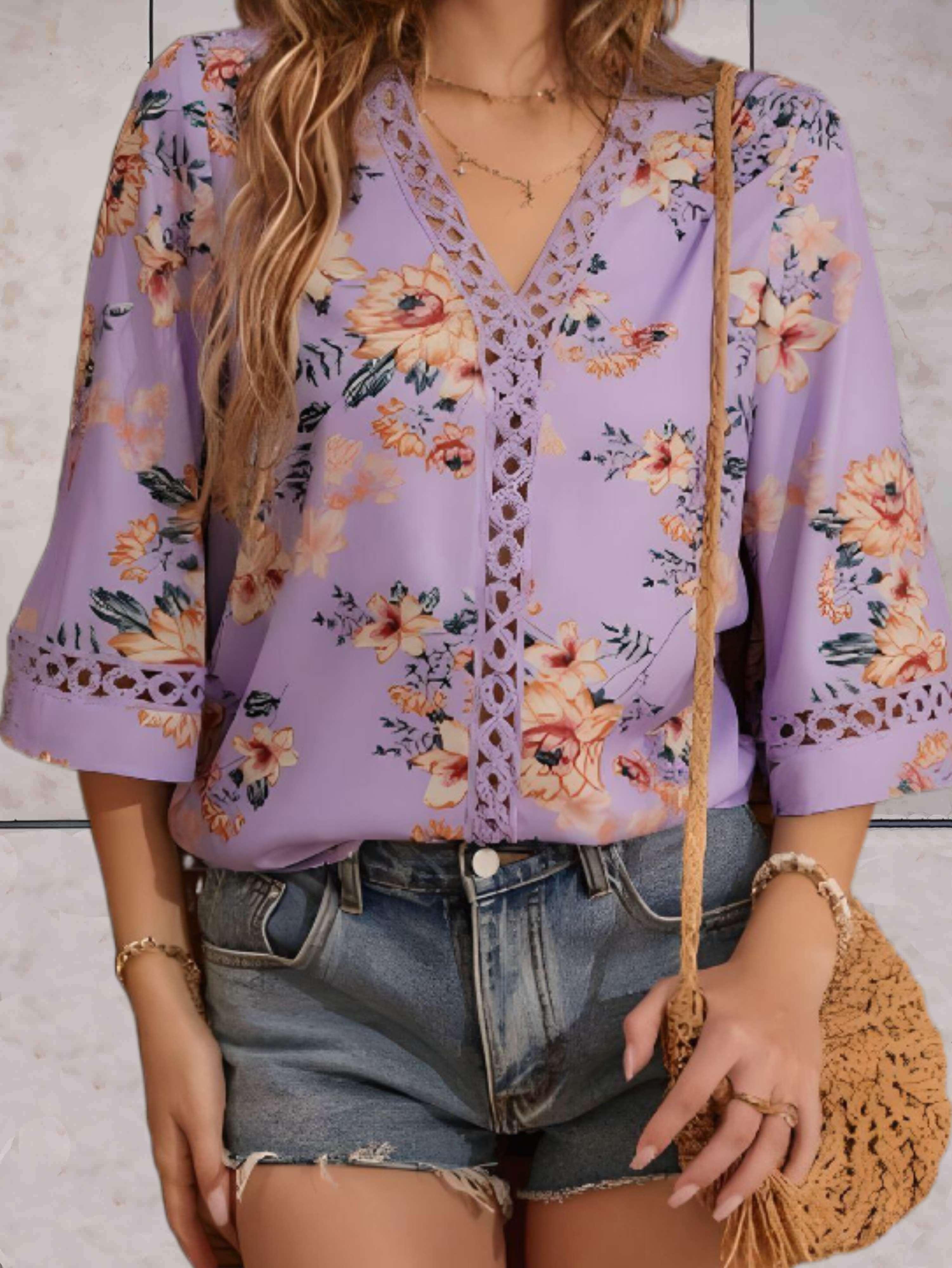 Melina – Bluse Damen V-Ausschnitt Blumen Halblang Ärmel 13