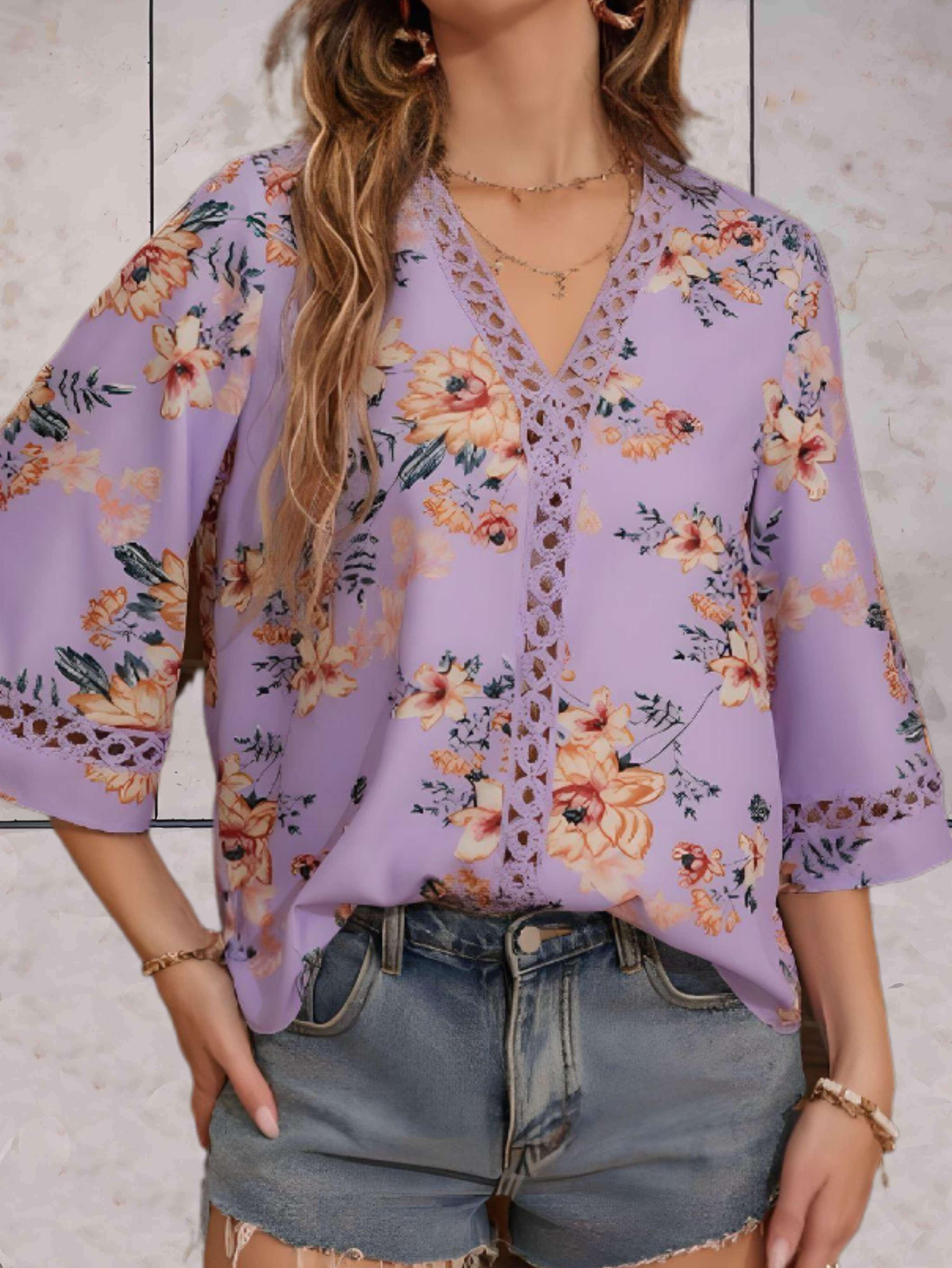 Melina – Bluse Damen V-Ausschnitt Blumen Halblang Ärmel 16