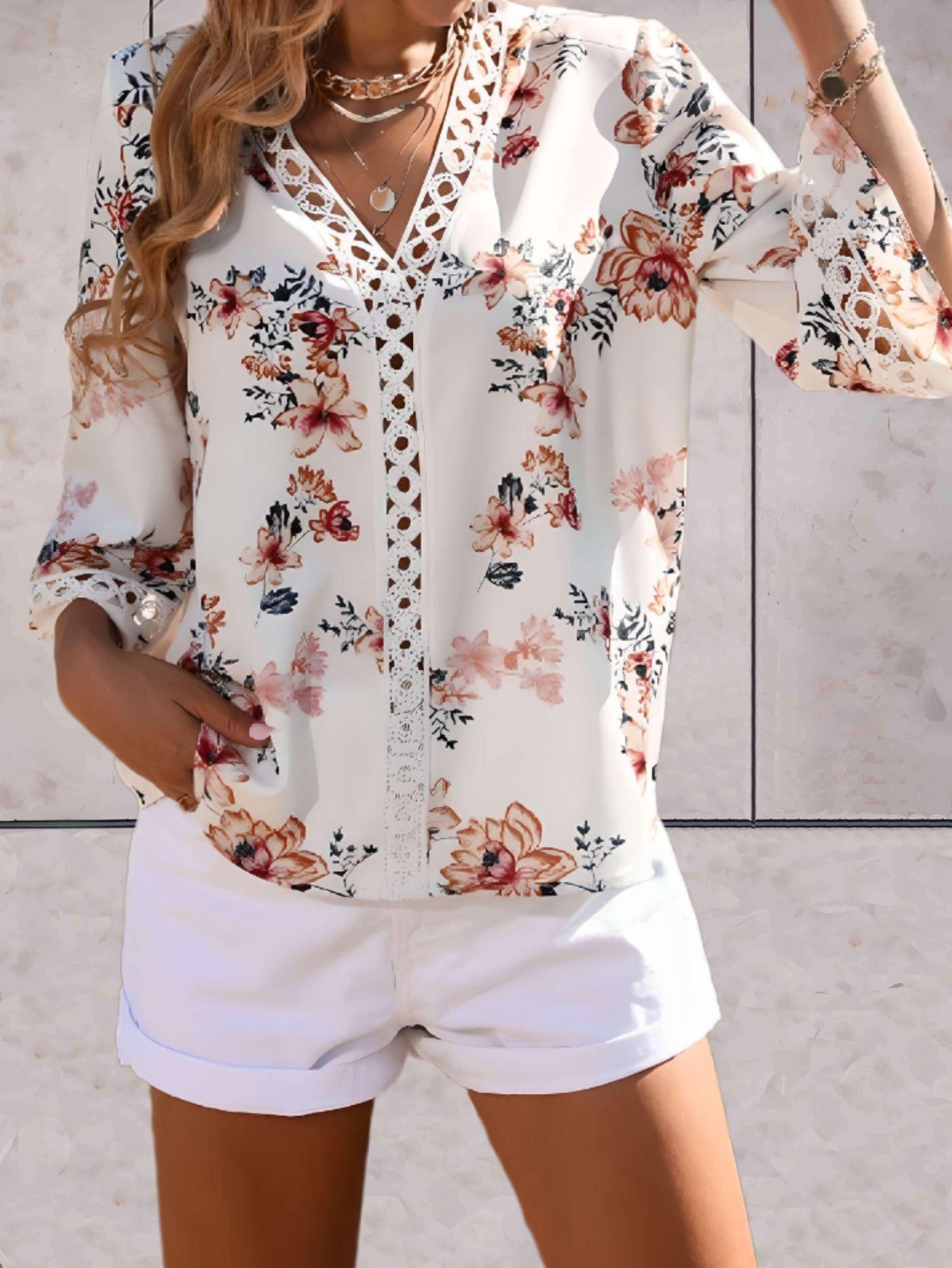 Melina – Bluse Damen V-Ausschnitt Blumen Halblang Ärmel 3