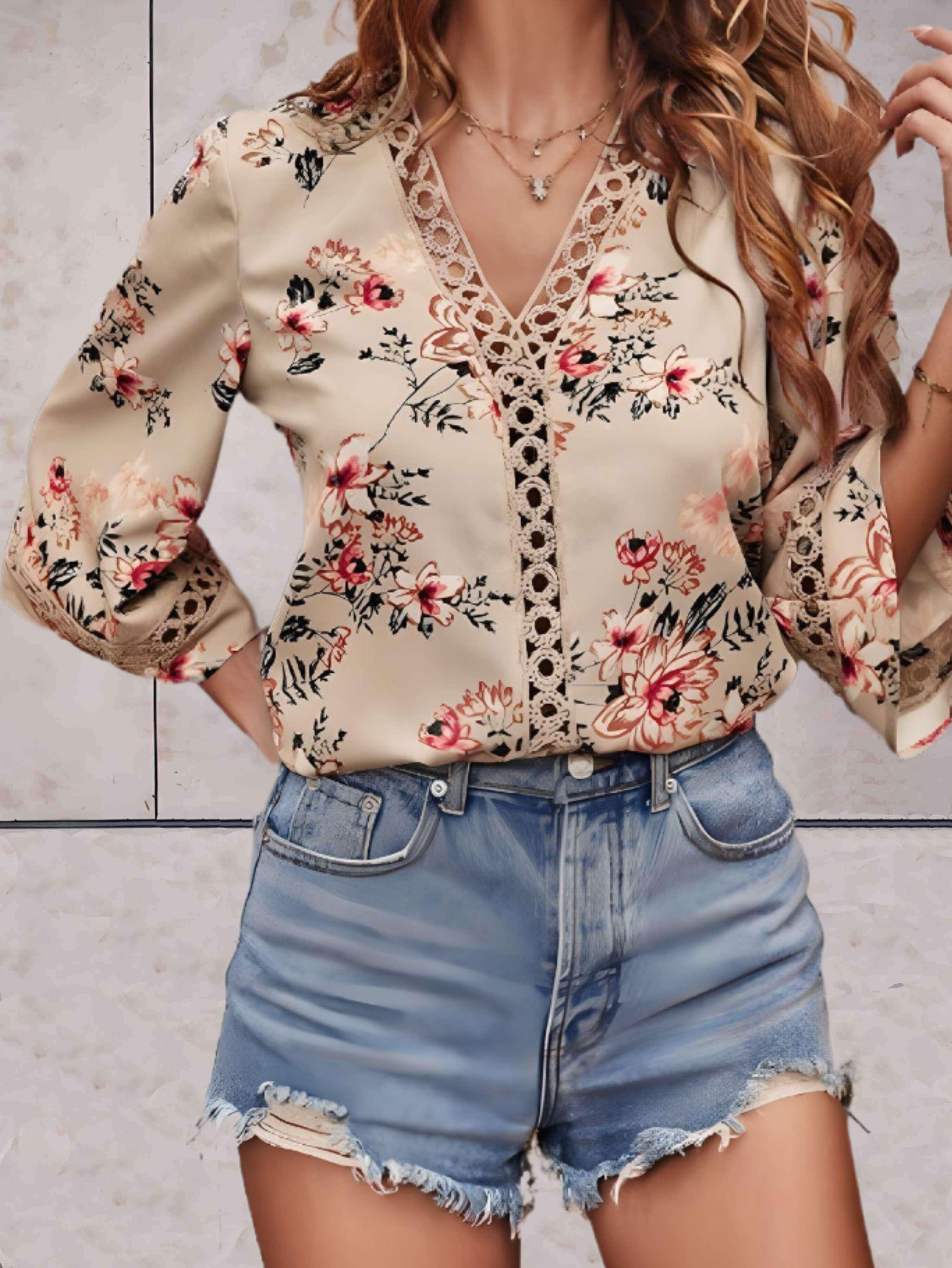 Melina – Bluse Damen V-Ausschnitt Blumen Halblang Ärmel 8