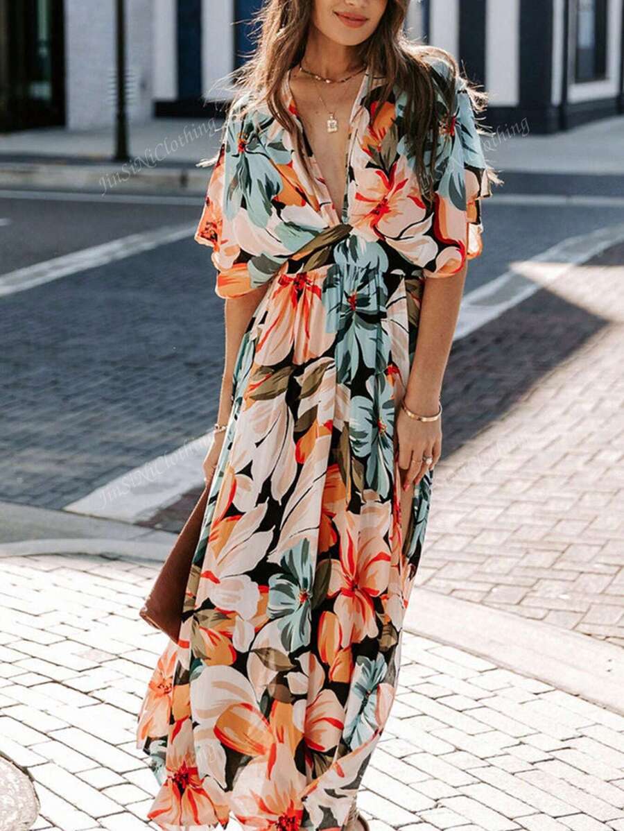 Miriam – Langes Damenkleid V-Ausschnitt Kurzarm Sommer Minimal 1