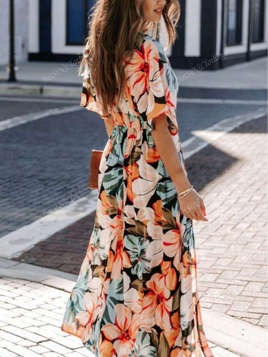 Miriam – Langes Damenkleid V-Ausschnitt Kurzarm Sommer Minimal 3