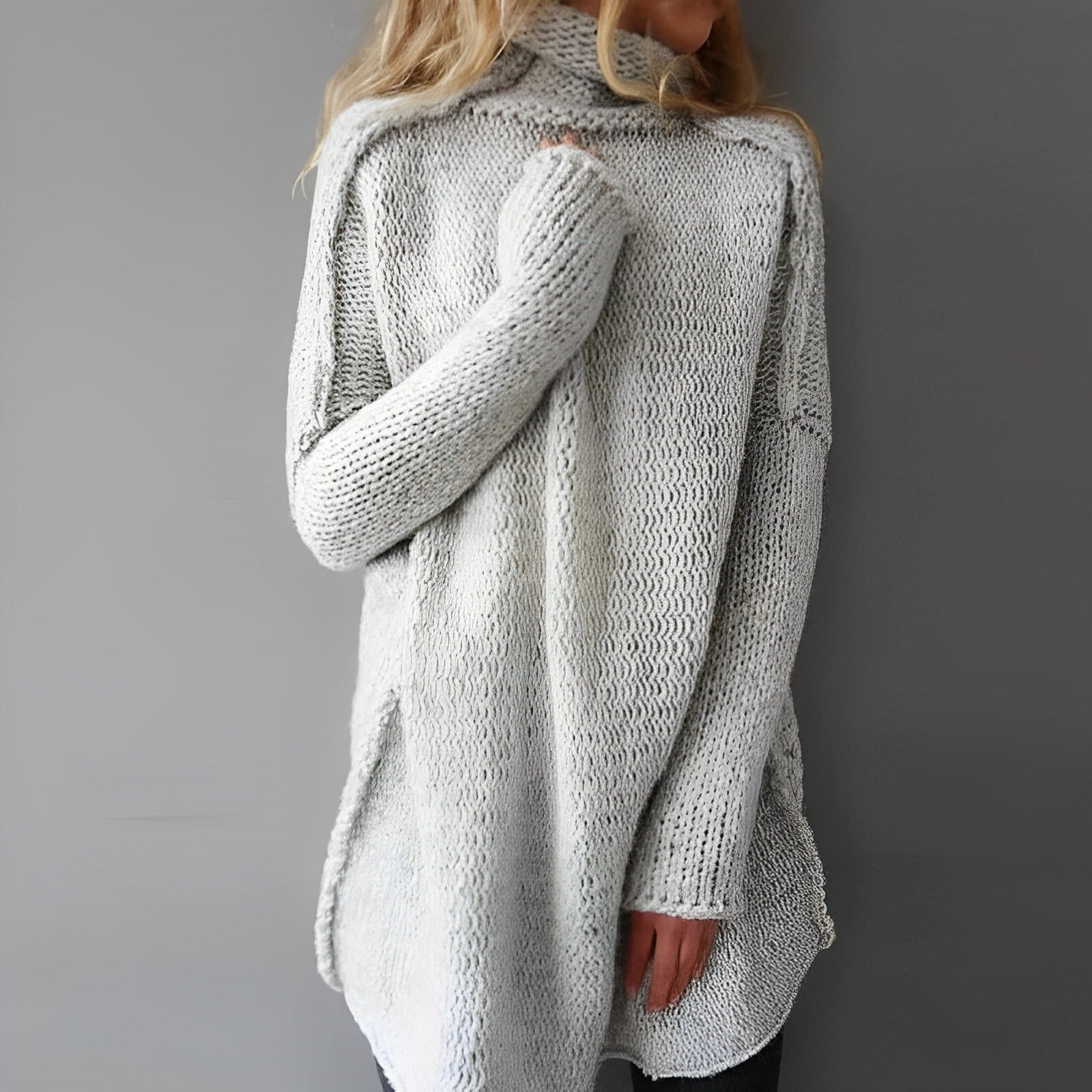 Natalie – Damen Strickpullover Lang Elegant Warm Grau