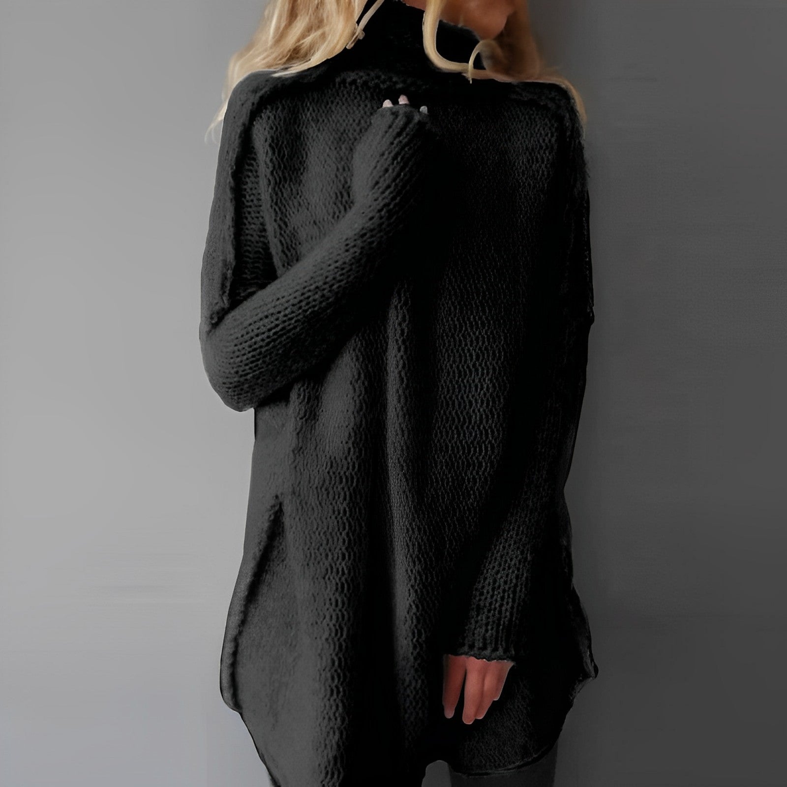 Natalie – Damen Strickpullover Lang Elegant Warm Schwarz