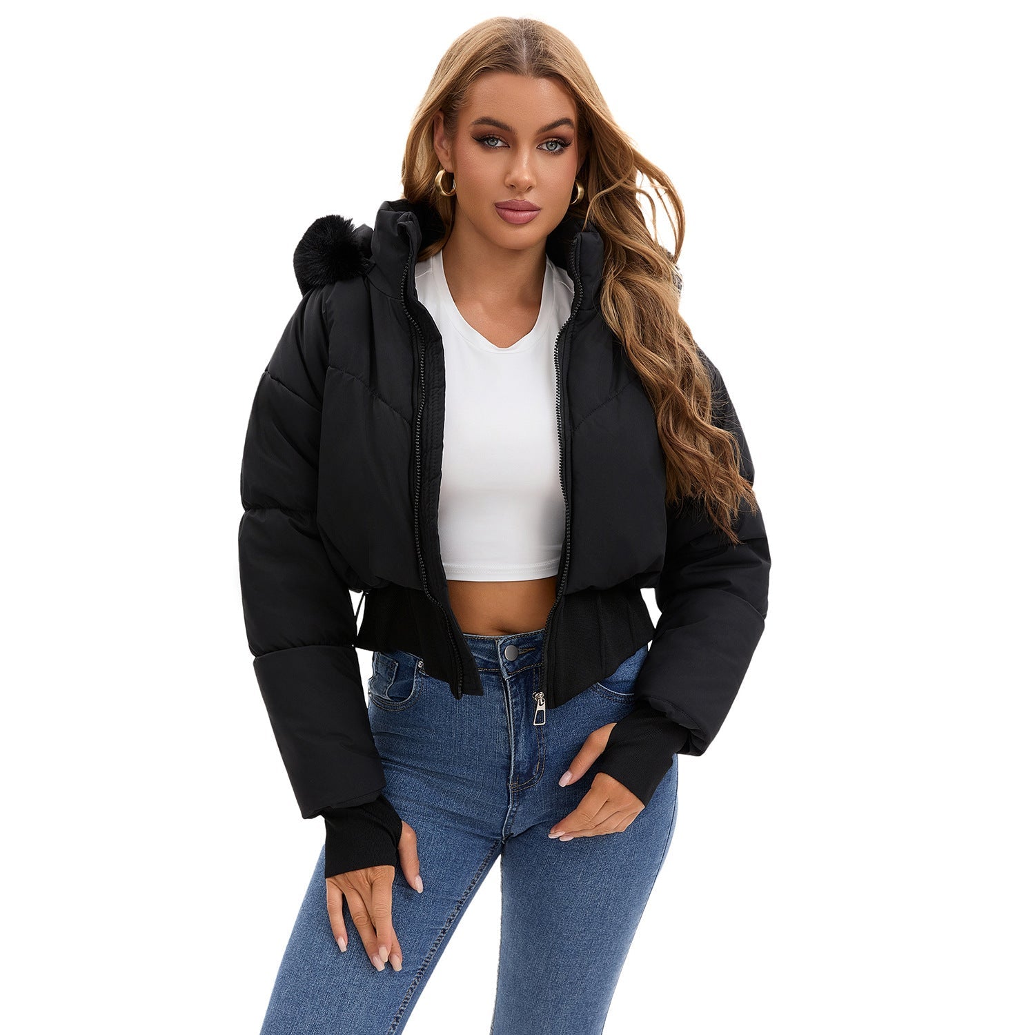 Fenna - Damen Cropped Daunenjacke mit Kapuze