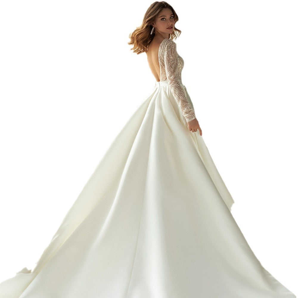 Ester- Damen Hochgeschlossenes Brautkleid mit Spitzenärmeln und Rock