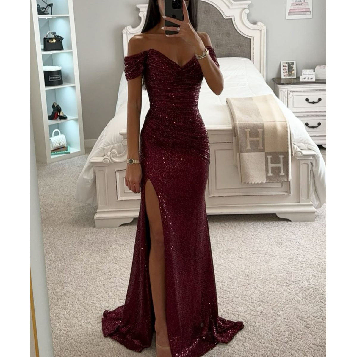 Oana - Sommer Abendkleid Damen Maxikleid mit Schlitz für Hochzeit & Party Weinrot