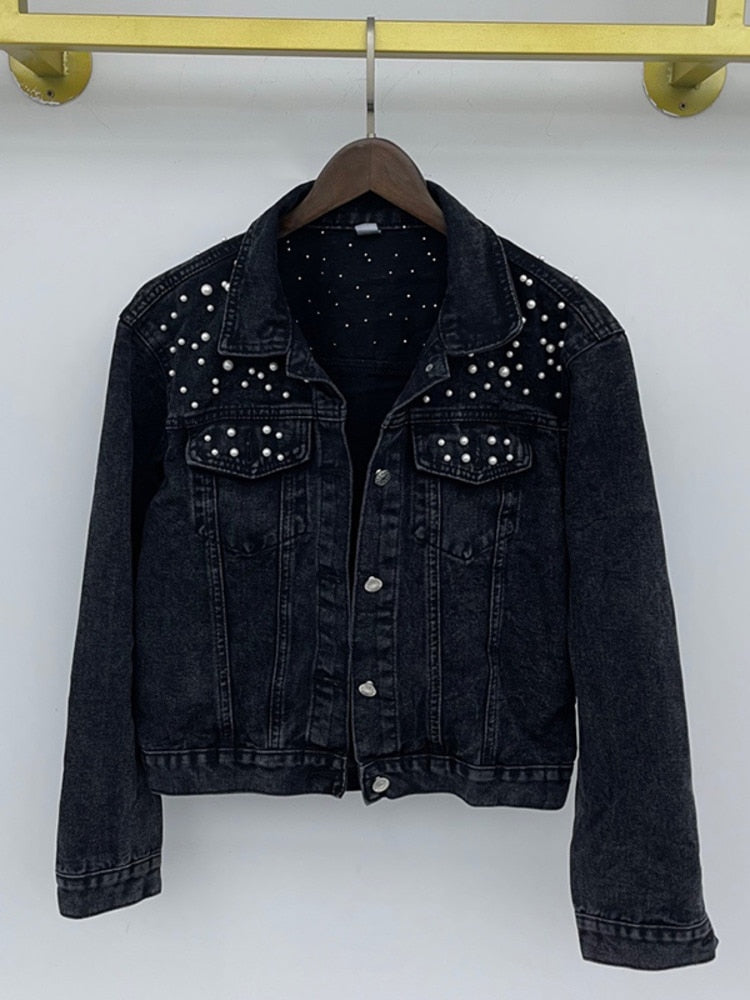 Oriana - Exklusive Jeansjacke mit Perlenverzierung Schwarz